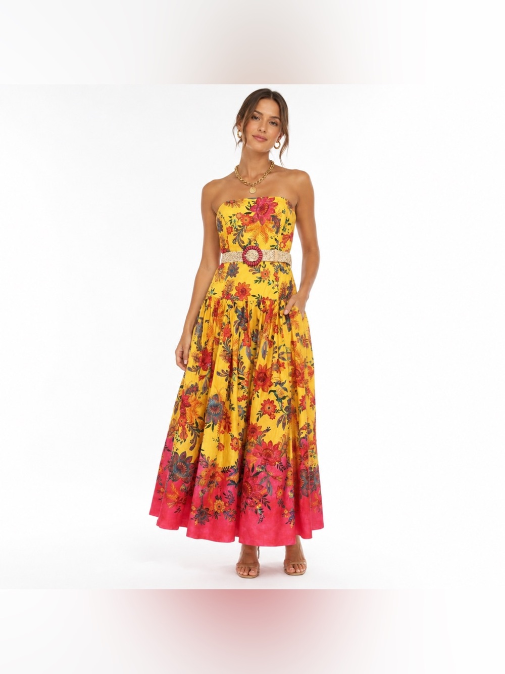 ZIMMERMANN Ginger Strapless Pink & Yellow Floral Midi Belted Boho Dress Size 6